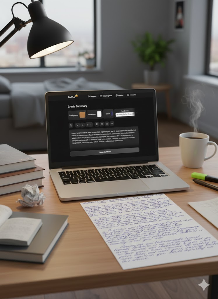Стіл з ноутбуком, на якому відкритий інтерфейс PenWrite поруч із роздрукованим аркушем рукописних нотаток