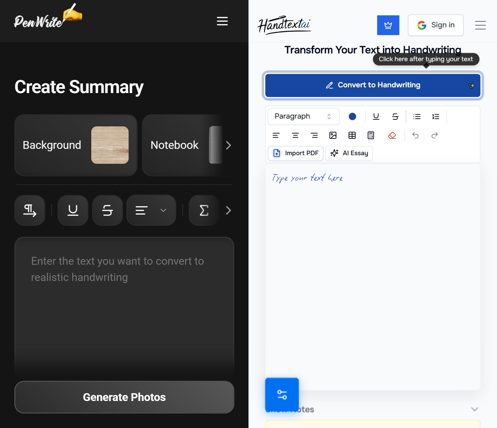 Comparison of PenWrite and Handtextai editor interfaces
