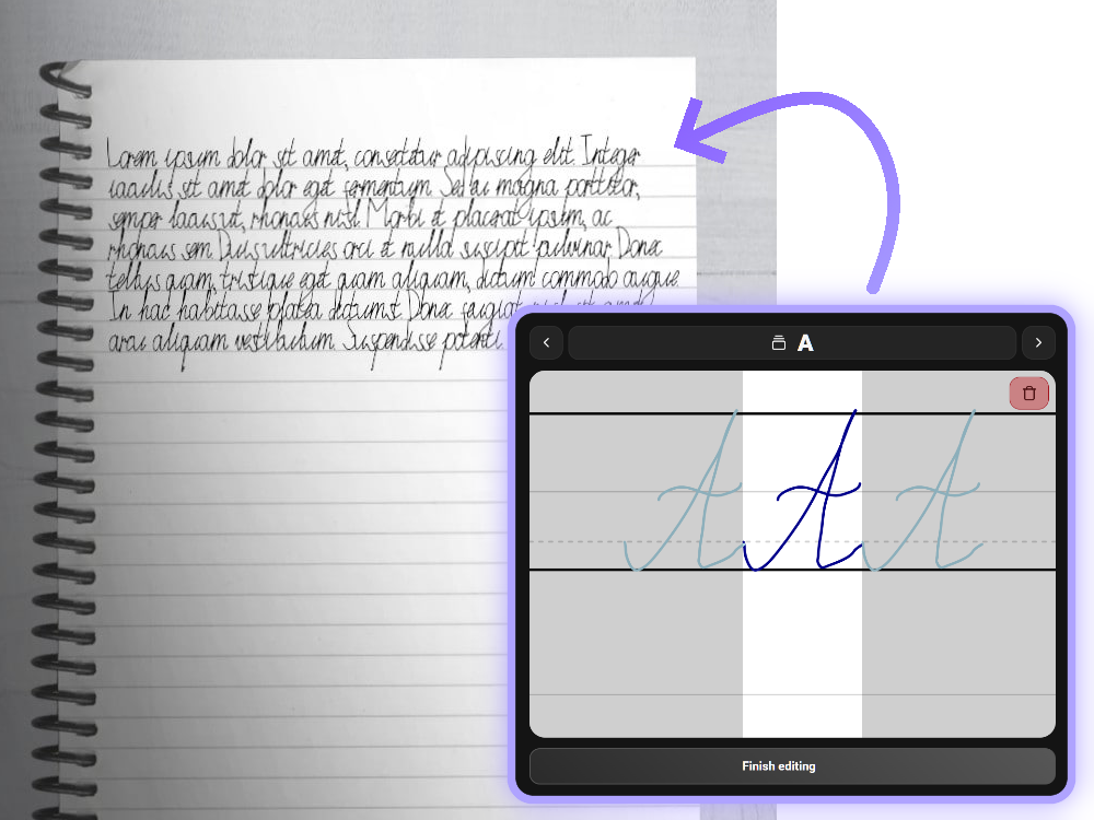 PenWrite Font Generator, from start (drawing letters) to result (handwritten notes)